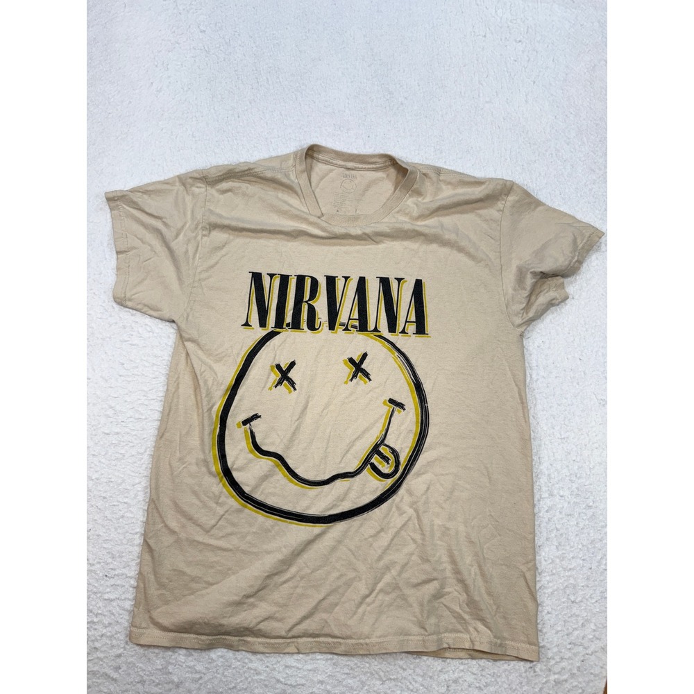Nirvana Smiley Face Graphic T-Shirt Tan Beige Large Rock Band Tee Short Sleeve